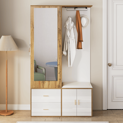 Móvel de entrada de painel de partículas com sapateira e espelho,natural+branco