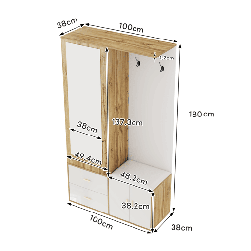 Móvel de entrada de painel de partículas com sapateira e espelho,natural+branco