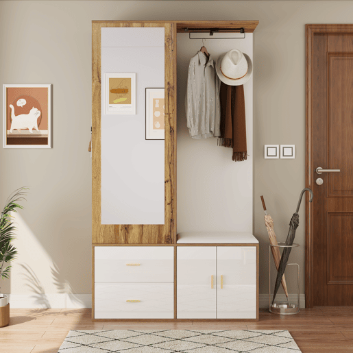 Móvel de entrada de painel de partículas com sapateira e espelho,natural+branco