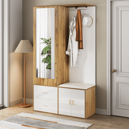 Móvel de entrada de painel de partículas com sapateira e espelho,natural+branco
