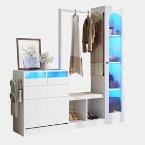 Móvel de entrada de painel de partículas com sapateira,espelho,vitrine e luz led,branco