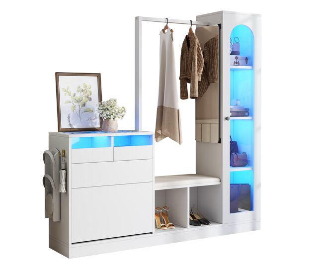 Mueble recibidor de panel de partículas con zapatero,espejo,vitrina y luz led,blanco