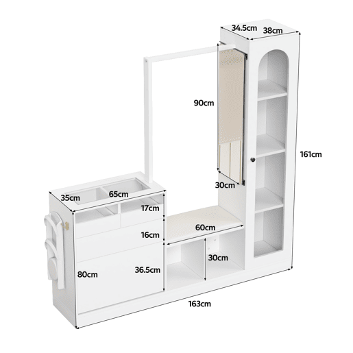 Móvel de entrada de painel de partículas com sapateira,espelho,vitrine e luz led,branco