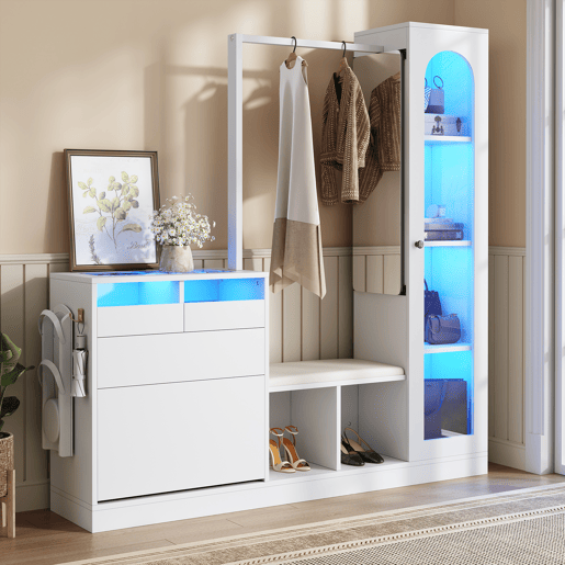 Móvel de entrada de painel de partículas com sapateira,espelho,vitrine e luz led,branco