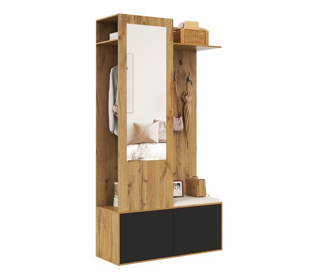Mueble recibidor de mdf con zapatero y espejo,natural+negro