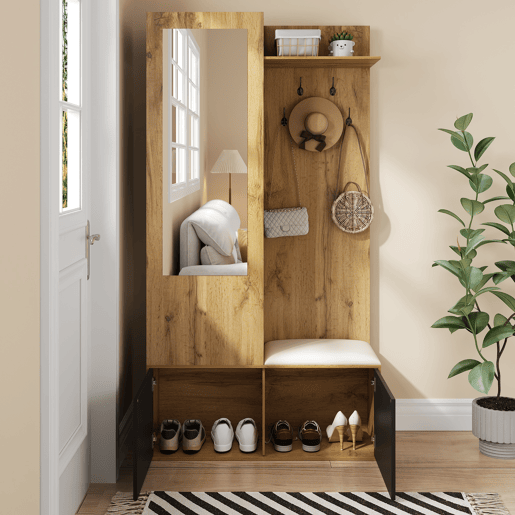 Móvel de entrada de mdf com sapateira e espelho,natural+preto