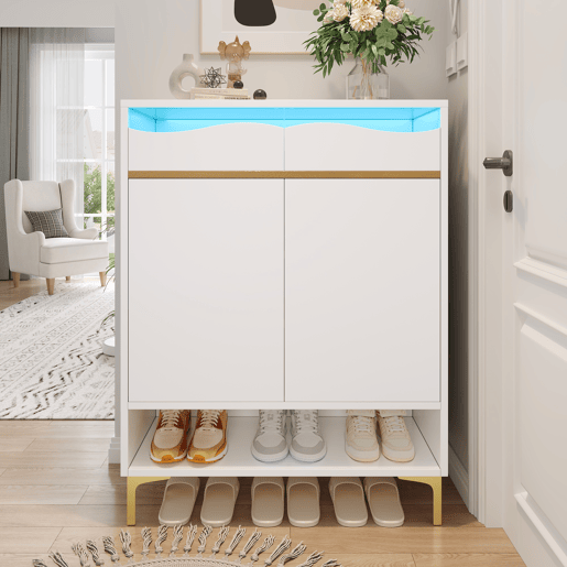 Sapateira de mdf e painel de partículas com 2 portas,2 gavetas e luz led,branco