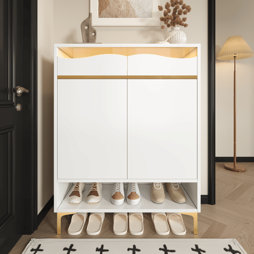Sapateira de mdf e painel de partículas com 2 portas,2 gavetas e luz led,branco