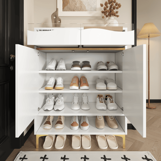 Sapateira de mdf e painel de partículas com 2 portas,2 gavetas e luz led,branco