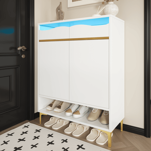 Sapateira de mdf e painel de partículas com 2 portas,2 gavetas e luz led,branco