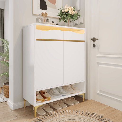 Sapateira de mdf e painel de partículas com 2 portas,2 gavetas e luz led,branco