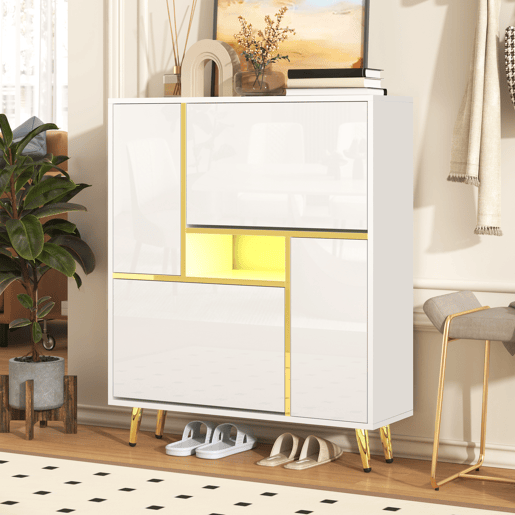 Sapateira de painel de partículas com 2 tabuleiros,2 portas e luz led,branco