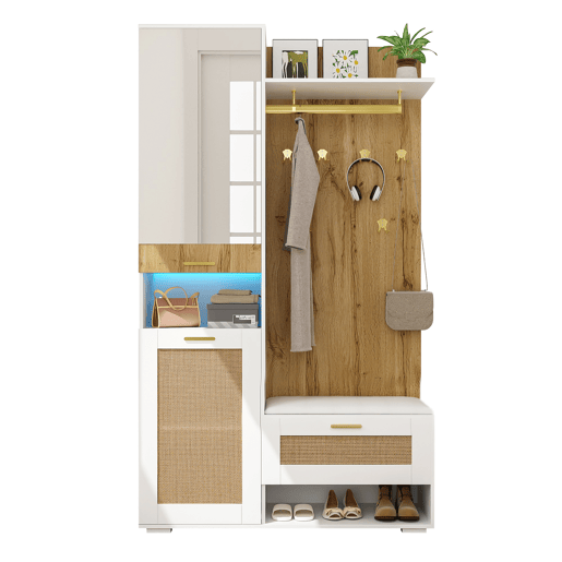 Móvel de entrada de mdf e painel de partículas com sapateira e espelho,branco+natural Móvel de entrada de mdf e painel de partículas com sapateira e espelho,branco+natural