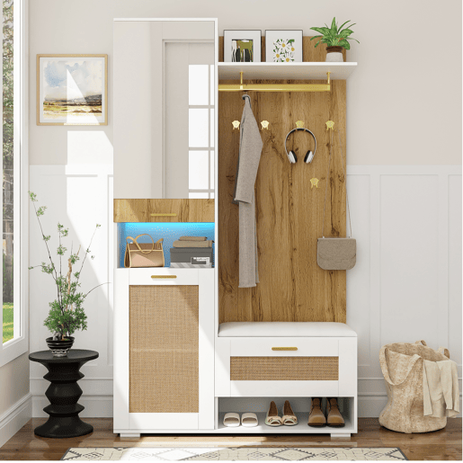 Móvel de entrada de mdf e painel de partículas com sapateira e espelho,branco+natural Móvel de entrada de mdf e painel de partículas com sapateira e espelho,branco+natural