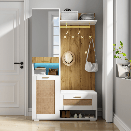 Móvel de entrada de mdf e painel de partículas com sapateira e espelho,branco+natural Móvel de entrada de mdf e painel de partículas com sapateira e espelho,branco+natural