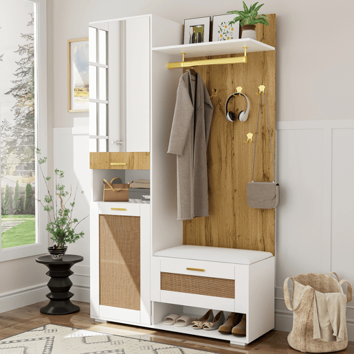 Móvel de entrada de mdf e painel de partículas com sapateira e espelho,branco+natural Móvel de entrada de mdf e painel de partículas com sapateira e espelho,branco+natural
