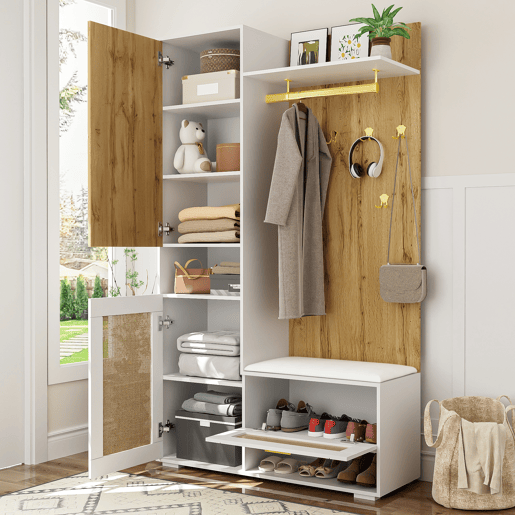Móvel de entrada de mdf e painel de partículas com sapateira e espelho,branco+natural Móvel de entrada de mdf e painel de partículas com sapateira e espelho,branco+natural