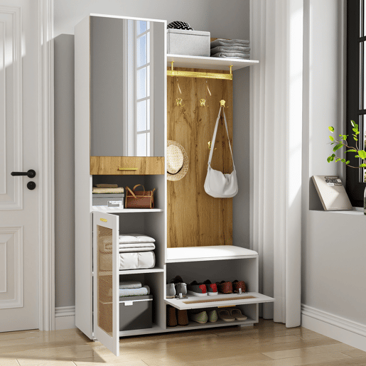 Móvel de entrada de mdf e painel de partículas com sapateira e espelho,branco+natural Móvel de entrada de mdf e painel de partículas com sapateira e espelho,branco+natural