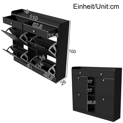 Sapateira de painel de partÃculas com 4 tabuleiros e 2 gavetas,preto Sapateira de painel de partÃculas com 4 tabuleiros e 2 gavetas,preto