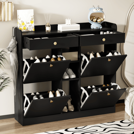 Sapateira de painel de partÃculas com 4 tabuleiros e 2 gavetas,preto Sapateira de painel de partÃculas com 4 tabuleiros e 2 gavetas,preto