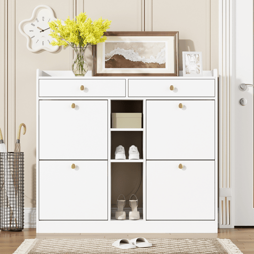 Sapateira de painel de partículas com 4 tabuleiros e 2 gavetas,branco