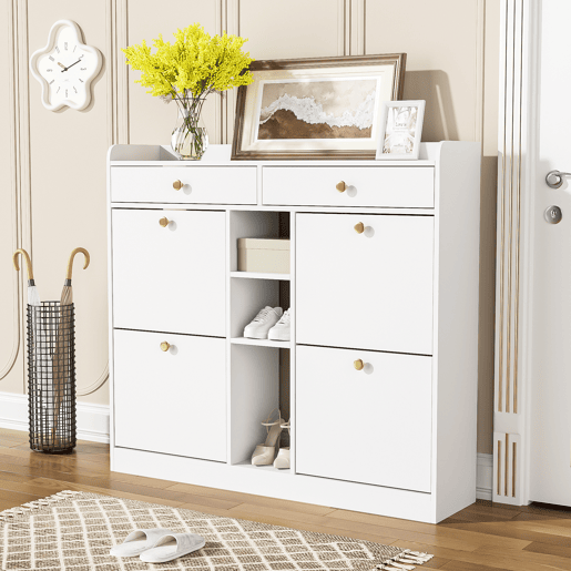 Sapateira de painel de partículas com 4 tabuleiros e 2 gavetas,branco