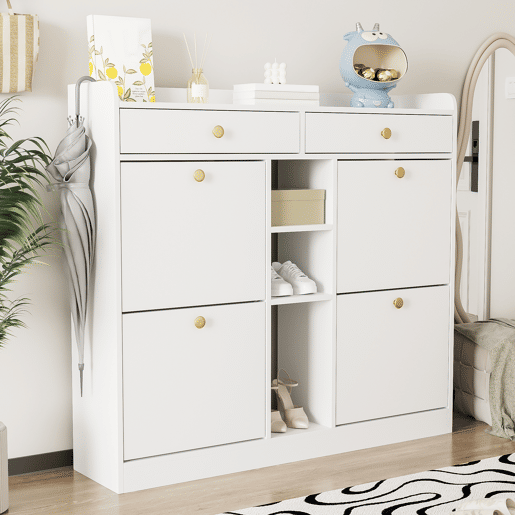 Sapateira de painel de partículas com 4 tabuleiros e 2 gavetas,branco