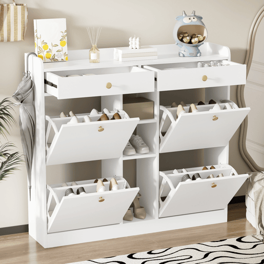 Sapateira de painel de partículas com 4 tabuleiros e 2 gavetas,branco