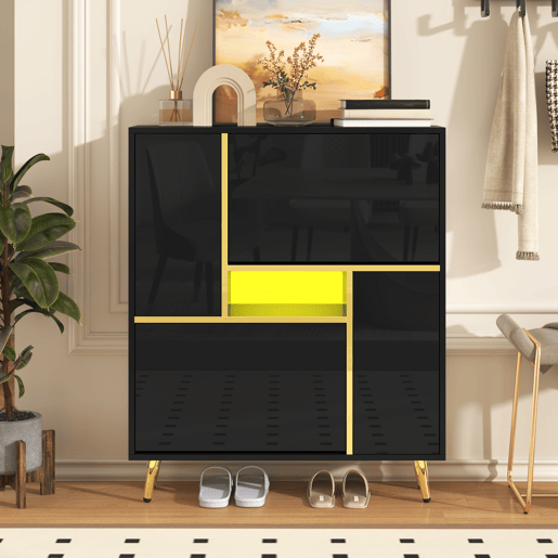 Sapateira de painel de partículas com 2 tabuleiros,2 portas e luz led,preto