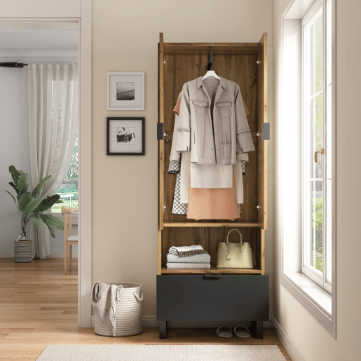 Roupeiro de painel de partículas com 2 portas batentes e 1 gaveta,natural+preto