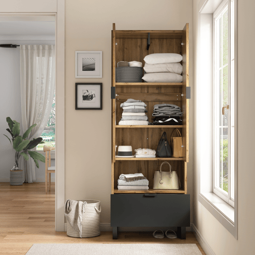 Roupeiro de painel de partículas com 2 portas batentes e 1 gaveta,natural+preto