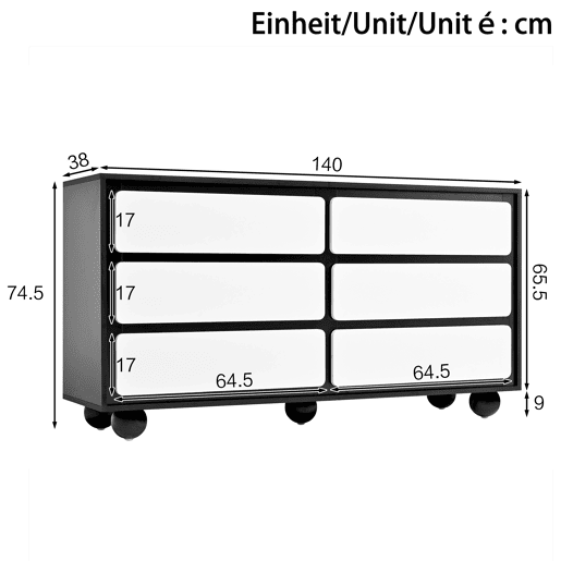 Cômoda dupla de painel de partículas com 6 gavetas,preto+branco