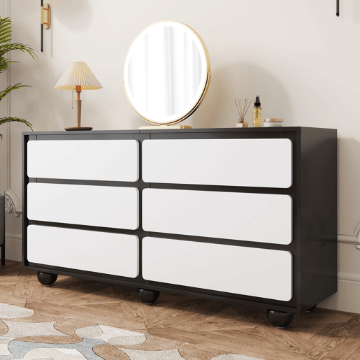 Cômoda dupla de painel de partículas com 6 gavetas,preto+branco