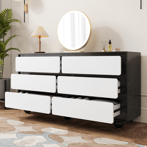 Cômoda dupla de painel de partículas com 6 gavetas,preto+branco