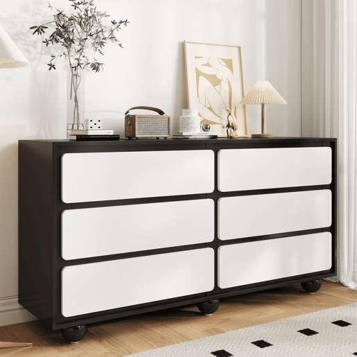 Cômoda dupla de painel de partículas com 6 gavetas,preto+branco