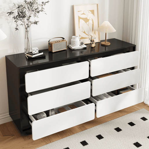Cômoda dupla de painel de partículas com 6 gavetas,preto+branco