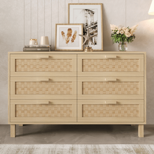 Cômoda dupla de painel de partículas com 6 gavetas,natural