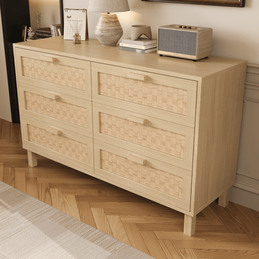 Cômoda dupla de painel de partículas com 6 gavetas,natural