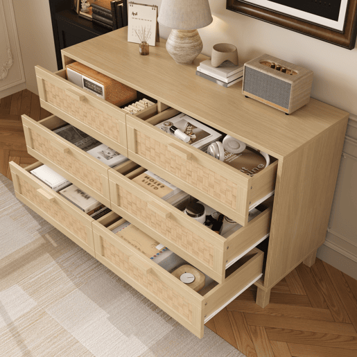 Cômoda dupla de painel de partículas com 6 gavetas,natural