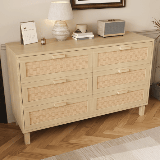 Cômoda dupla de painel de partículas com 6 gavetas,natural