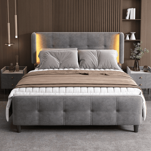 Cama estofada 140x200 cm - Cama de casal com LED de 16 cores, cabeceira e pés acolchoados, estrutura metálica, cabeceira ajustável em três alturas - Cinza