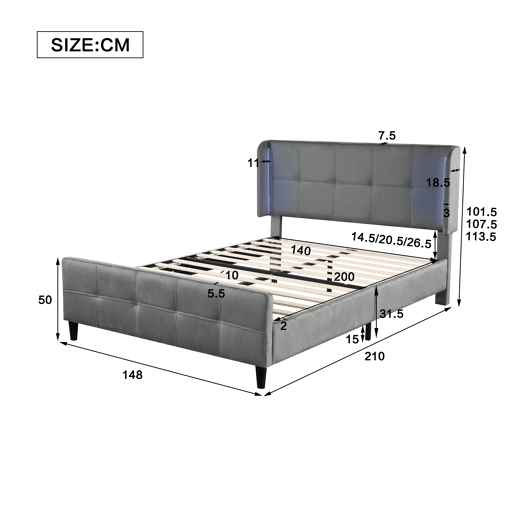 Cama estofada 140x200 cm - Cama de casal com LED de 16 cores, cabeceira e pés acolchoados, estrutura metálica, cabeceira ajustável em três alturas - Cinza