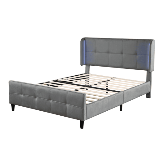 Cama estofada 140x200 cm - Cama de casal com LED de 16 cores, cabeceira e pés acolchoados, estrutura metálica, cabeceira ajustável em três alturas - Cinza