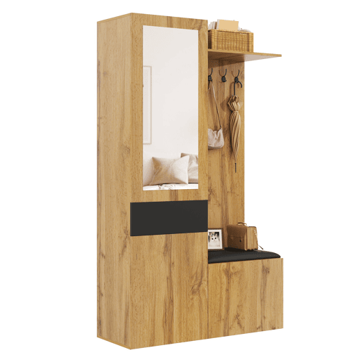 Móvel de entrada de mdf com sapateira e espelho,natural+preto Móvel de entrada de mdf com sapateira e espelho,natural+preto