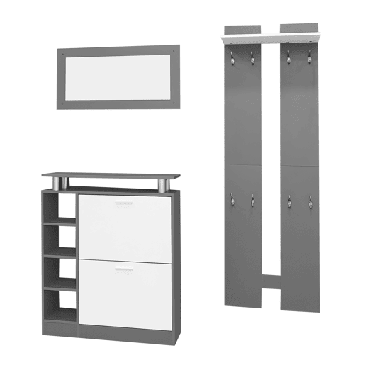 Conjunto de cabideira de parede 80 x 25 x 96,5 cm - com espelho, 2 painéis de parede, prateleira e sapateira - cor cinza antracite mate Conjunto de cabideira de parede 80 x 25 x 96,5 cm - com espelho, 2 painéis de parede, prateleira e sapateira - cor cinza antracite mate