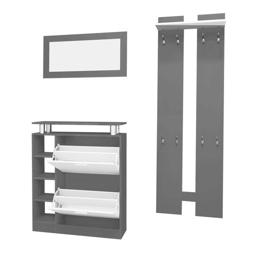 Conjunto de cabideira de parede 80 x 25 x 96,5 cm - com espelho, 2 painéis de parede, prateleira e sapateira - cor cinza antracite mate Conjunto de cabideira de parede 80 x 25 x 96,5 cm - com espelho, 2 painéis de parede, prateleira e sapateira - cor cinza antracite mate