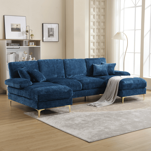 Sofá seccional grande em U - Chenille com assentos reclináveis duplos - Azul