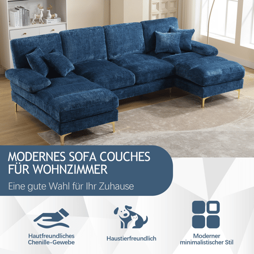Sofá seccional grande em U - Chenille com assentos reclináveis duplos - Azul