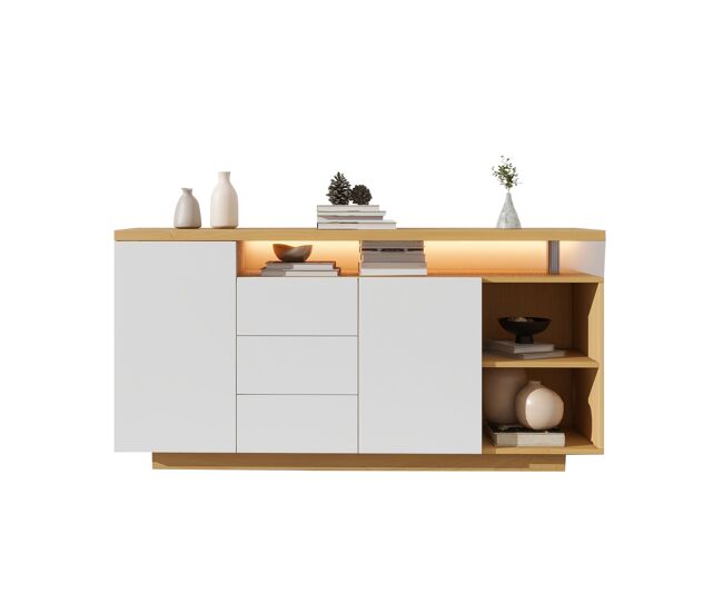 Sideboard multifuncional 140 cm - 2 puertas, 3 cajones, 2 compartimentos abiertos, con iluminación led - blanco y madera