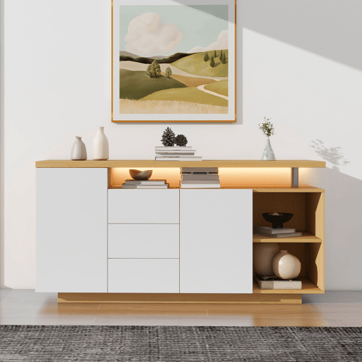 Aparador multifuncional 140 cm - 2 portas, 3 gavetas, 2 compartimentos abertos, com iluminação LED - branco e madeira